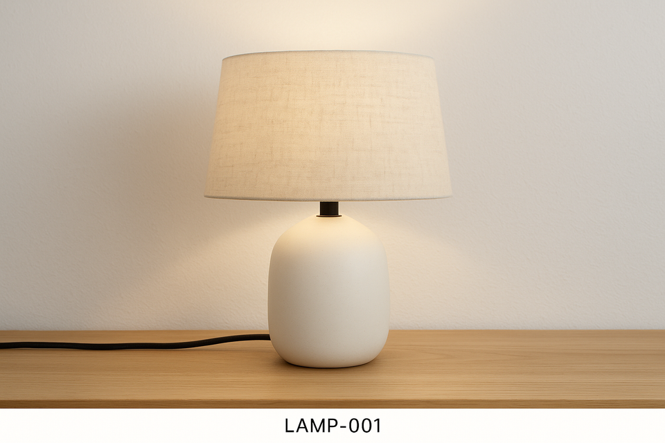 Luminária de Mesa Base Cerâmica Branca com Cúpula Linho